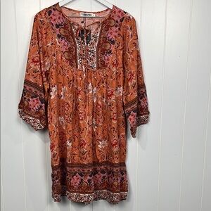 Temofon Womens Mini Dress M Orange White Pullover Balloon Sleeves Floral Swingy